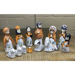 Mexican Folk Art 13 Pc NATIVITY SCENE Tonala Pottery Christmas Décor Green Brown